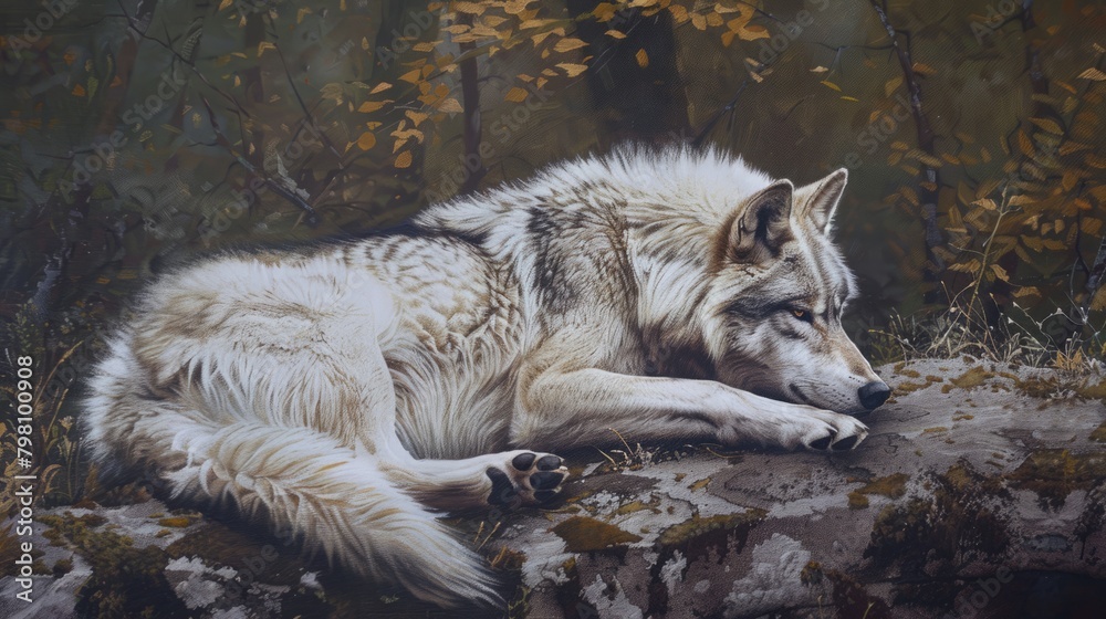 Fototapeta premium Grey wolf, canis lupus, roaming majestic wilderness habita