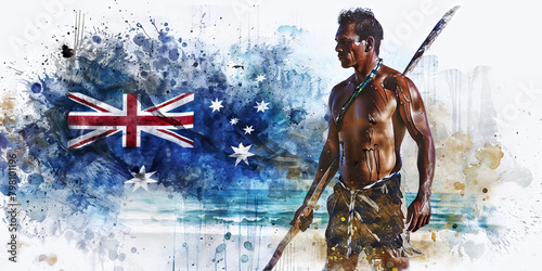 The Australian Flag with an Aboriginal Artist and a Lifesaver - Visualize the Australian flag with an Aboriginal artist representing Australia's indigenous culture and a lifesaver