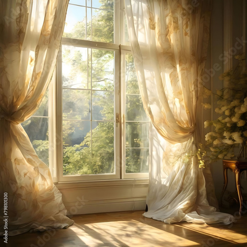 Elegant curtains blowing gently in a sunlit room © Elisaveta