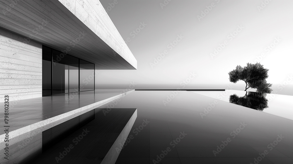 Black & white infinity pool. Still water reflects clean architecture. Minimalist luxury. Black & white infinity pool. Still water reflects clean architecture. Minimalist luxury.