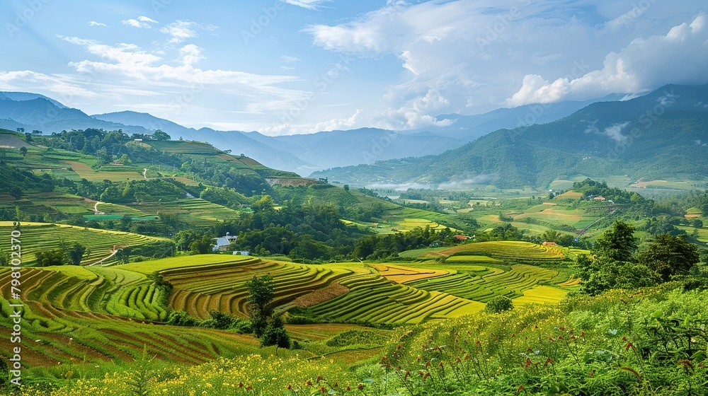 This is an image of terraced rice fields in Vietnam. The rice fields are located in a valley and are surrounded by mountains. The sky is blue and there are some clouds.

