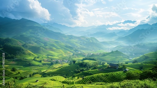 This is an image of terraced rice fields in Vietnam. The rice fields are located in a valley and are surrounded by mountains. The sky is blue and there are some clouds.