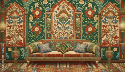 Ottoman style living room decorated Turkish patterns and tiles with a grand sofa