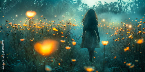 Enigmatic woman in mystic glowing meadow