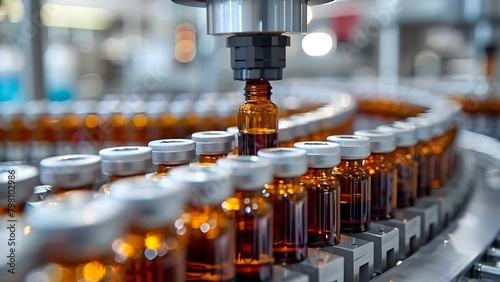 Automated quality control equipment for medical vials in pharmaceutical production line. Concept Pharmaceutical Manufacturing, Quality Control Equipment, Medical Vials, Automation Technology
