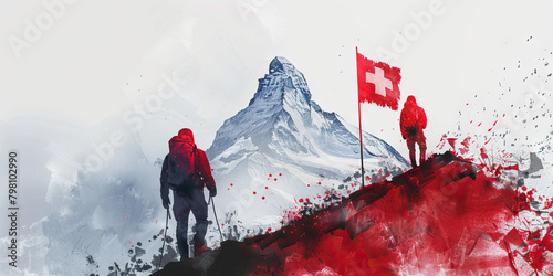 Swiss Flag with a Banker and a Mountaineer - Visualize the Swiss flag with a banker representing Switzerland's banking sector and a mountaineer  photo
