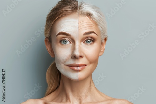 Divide age transitions with skincare effectiveness contrasts face repair and skin rejuvenation in life spectrum  exploring divide skin transitions with skin texture improvement.