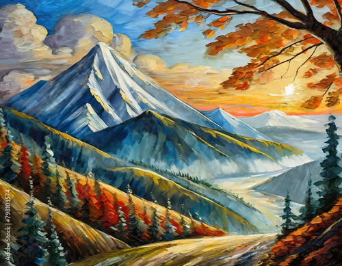 oil painting of landscape with mountain river and colorful atumn forest. Digital painting. photo