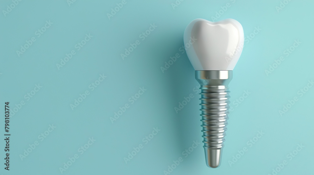 Dental implant on a blue background, artificial ceramic tooth space for text Dental implant on a blue background, artificial ceramic tooth space for text