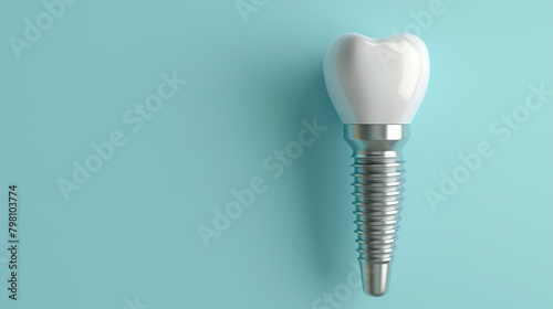 Dental implant on a blue background, artificial ceramic tooth space for text