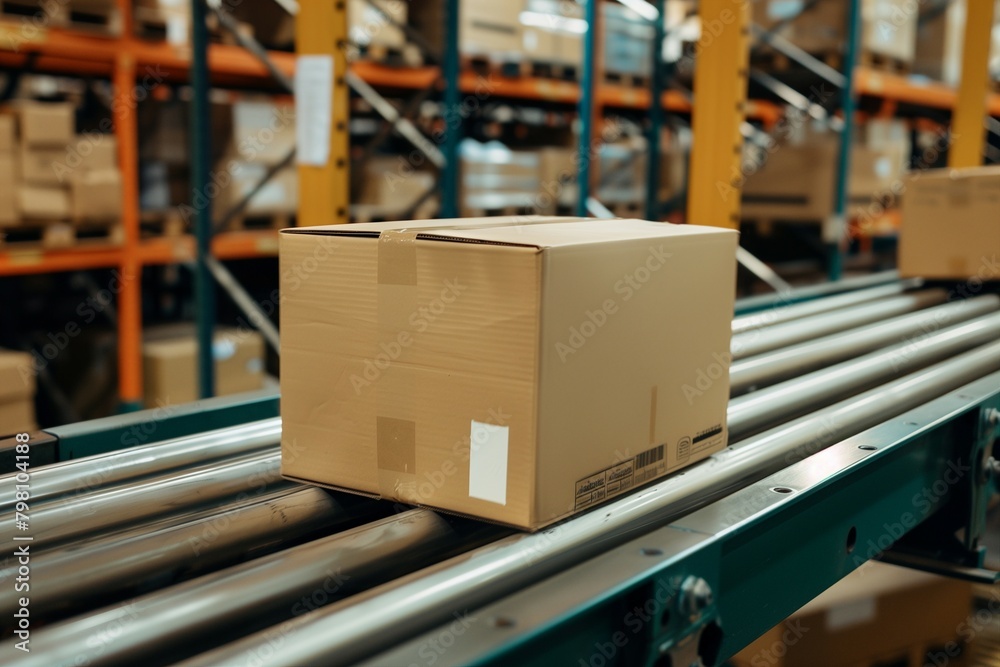 A box sitting on a conveyor belt in a warehouse A box sitting on a conveyor belt in a warehouse