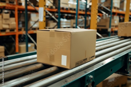 A box sitting on a conveyor belt in a warehouse