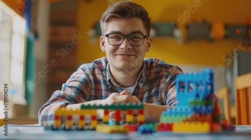  Excited young man playing lego toys photo