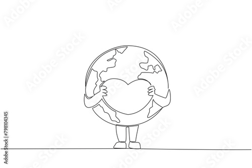Single continuous line drawing globe holds the heart logo with both hands. Loving the earth is like loving yourself. Always take care of the earth. Saving planet. One line design vector illustration