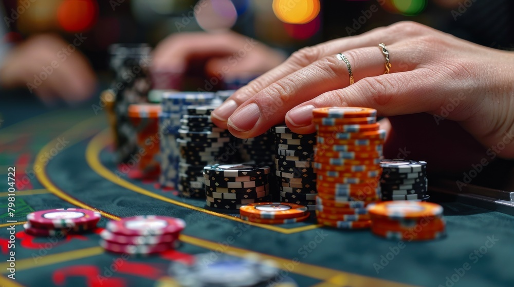 Close-up of a hand placing chips on a casino table, with a blurred backdrop of colorful casino lights. Close-up of a hand placing chips on a casino table, with a blurred backdrop of colorful casino lights.