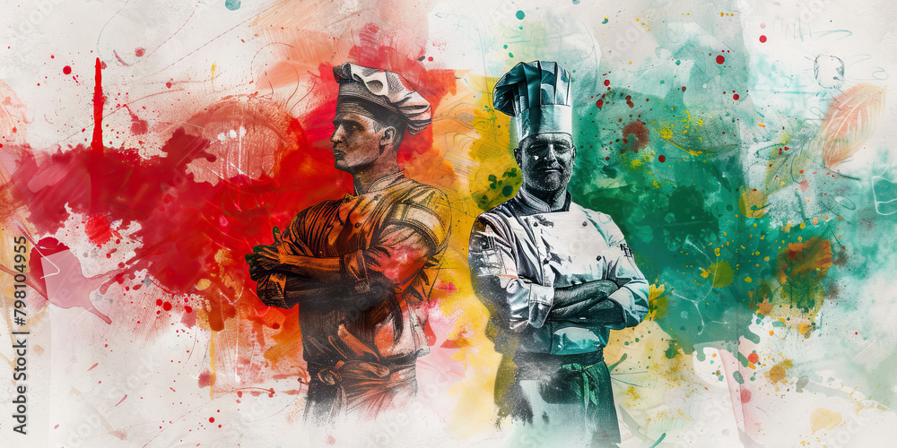 Italian Flag with a Chef and a Sculptor - Picture the Italian flag with a chef representing Italy's culinary tradition and a sculptor Italian Flag with a Chef and a Sculptor - Picture the Italian flag with a chef representing Italy's culinary tradition and a sculptor