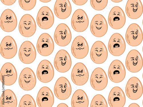 Character emoticon eggs seamless pattern. Raw Whole live Eggs, Isolated with different emotions for poster, cover, postcard, banner, Restaurant, cafe menu, holiday decoration, greeting card, easter