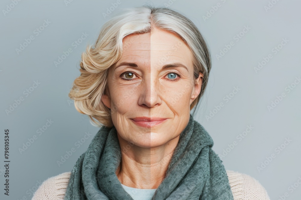 Aging skin and age reversal in age dynamics highlights life healthy aging with skincare solution, contrasting depiction halves with wrinkle care in age transformation narratives. Aging skin and age reversal in age dynamics highlights life healthy aging with skincare solution, contrasting depiction halves with wrinkle care in age transformation narratives.