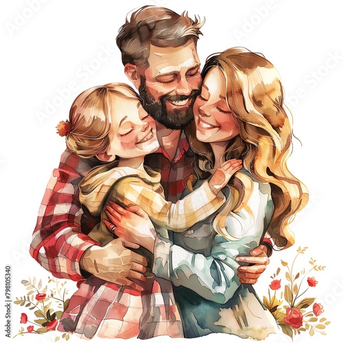 A watercolor painting of a family of three, with a father, mother, and daughter, all smiling and embracing each other, with a white background.