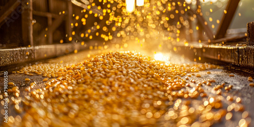 Golden Corn Kernels Pouring at Sunset in Rustic Farm Setting © smth.design
