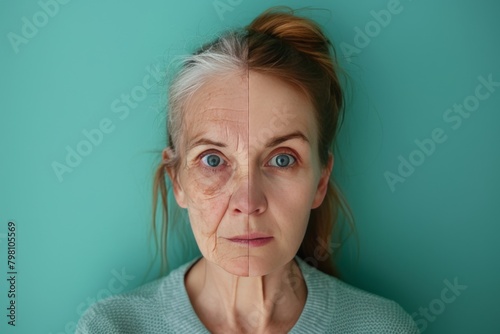 Depiction aging halves with wrinkle care in age transformation underscores age skincare portrait regimen with generational contrast, exploring depiction science in ageless beauty.