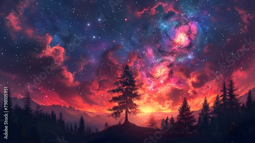 the ethereal beauty of a cosmic violet and pink starry sky, where silhouette forest trees create a breathtaking landscape against the celestial backdrop #798105951