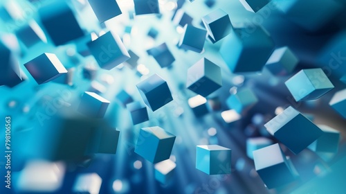 Closeup photography of flying cubes in motion on the blue background.
