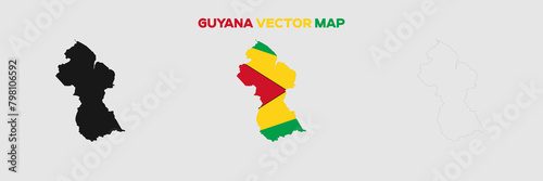 Guyana Map Vector Pack. Map with Flag. Gray Map Silhouette. Gray Outline Map. Editable EPS file.