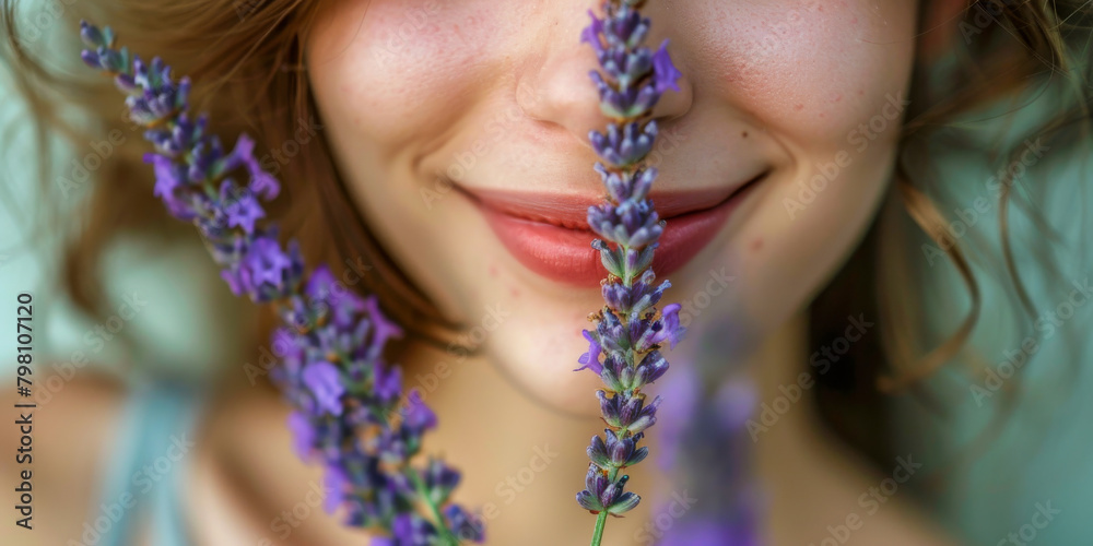 Close Up Portrait of Smiling Woman with Lavender Flowers
