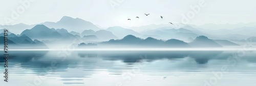 Ethereal Landscape with Misty Mountains and Tranquil Lake Reflecting the Serene Sky