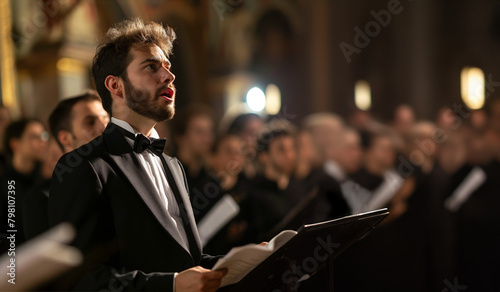 Solo singer during an opera concert. Inspiration, skill, classical music. Opera singer in front of the choir. Applause, success, opera, baroque, music festival. photo