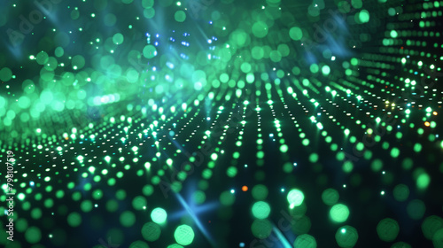 Network, connection and digital transformation for electronic server with database, bokeh effect. Abstract background of speed, light and neon green pattern for cloud computing and futuristic wave