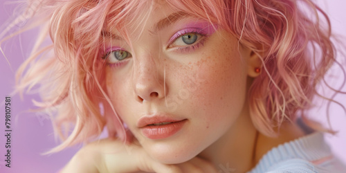 Elegant Young Woman with Pastel Pink Hair and Vivid Makeup