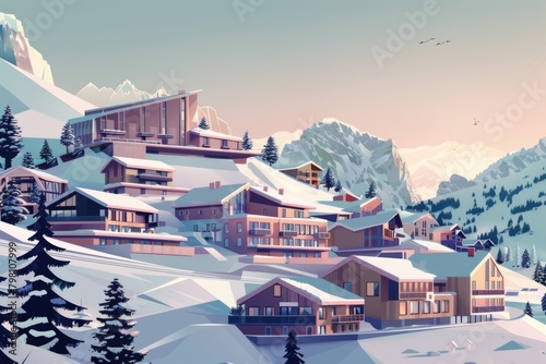 A picturesque ski resort in the snowy mountains. Perfect for winter vacation brochures