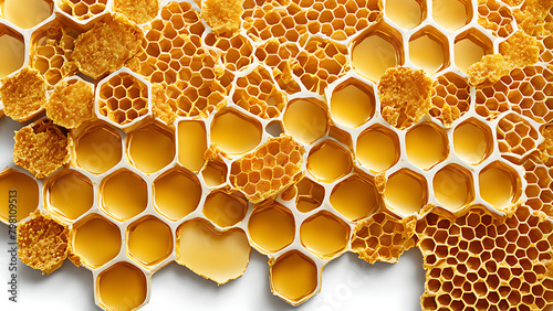 Golden background from honeycombs isolated on a white background. Close up, 3D rendering photo
