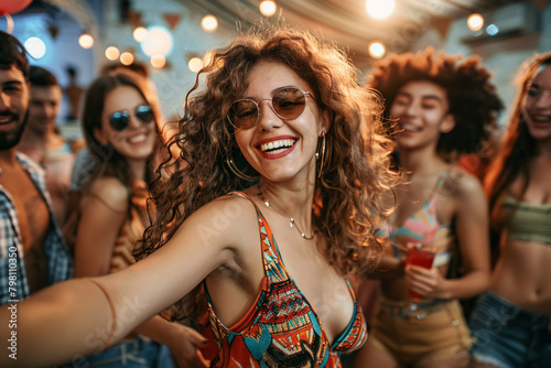 A young woman dancing at a summer music festival