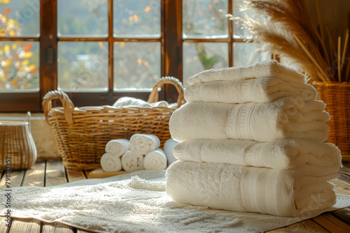 Tranquil Spa Day Stacked White Towels in Sunlit Wooden Room