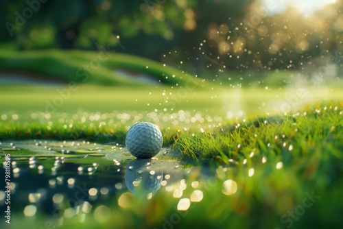 Dramatic angle of a golf ball and club on a dewy morning fairway, vibrant green and morning light