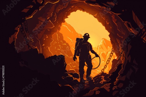 A man standing in a cave with chains around his neck. Suitable for concepts of captivity and freedom photo