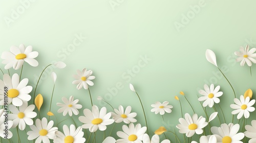 Flower green banner with 3d white daisies flowers and leaves. Greeting card, invitation template with chamomile flowers. Modern poster, sale template background © Елена Истомина