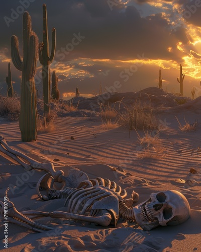 Eerie twilight desert scene with a lone skeleton half-buried in sand, cacti shadows lengthening photo