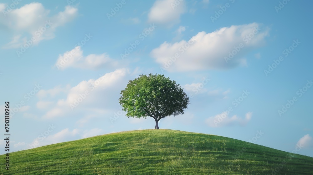 Fototapeta premium Lone tree on a hill under a wide sky, minimalistic landscape emphasizing tranquility and strength