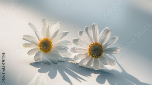 Minimalist and clean aesthetic  two white daisy petals lying centrally on a bright table  high contrast