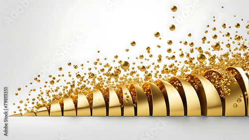 Abstract golden figure made of semicircular plates with flying golden bubbles. Isolated on white background, 3D rendering photo
