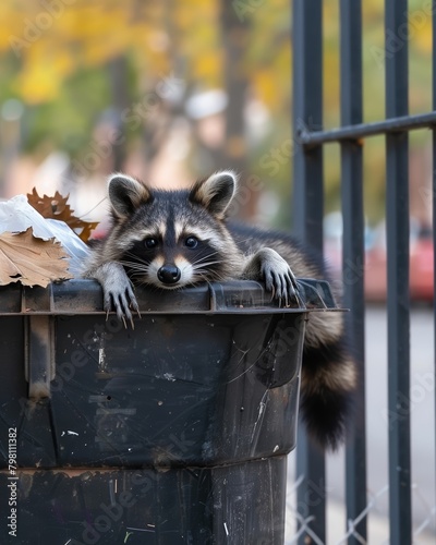 Raccoon caught in the act of exploring a suburban trash can, humorous and candid wildlife moment