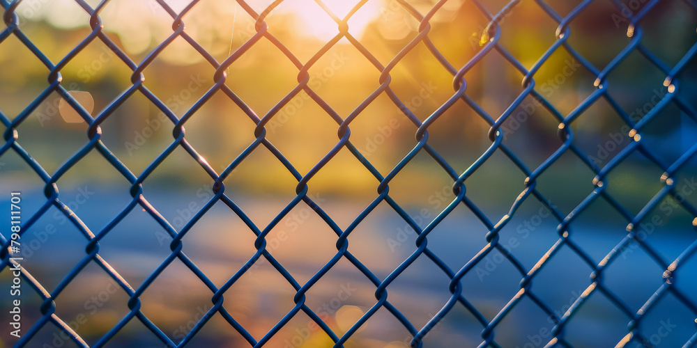 Fototapeta premium Golden Hour Sunlight Shining Through Chain Link Fence