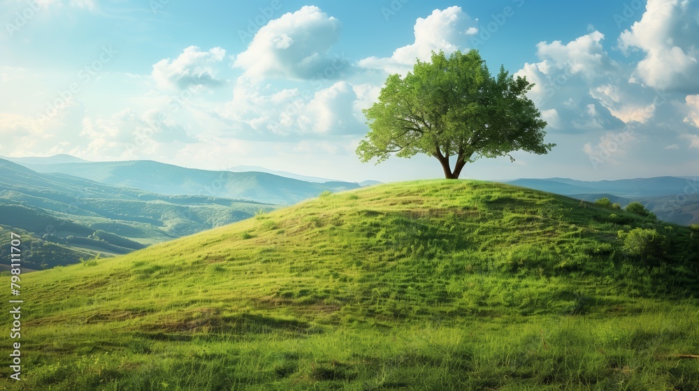 Solitary tree perched on a grassy hill, panoramic view of the surrounding countryside, serene and picturesque Solitary tree perched on a grassy hill, panoramic view of the surrounding countryside, serene and picturesque