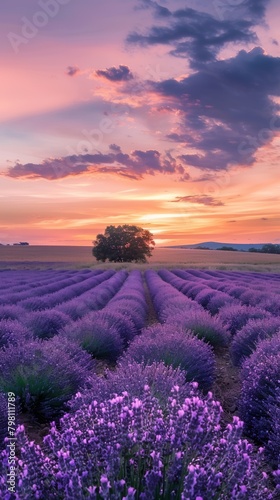 Sunset over a peaceful lavender field, warm colors blending with purple hues, tranquil and beautiful