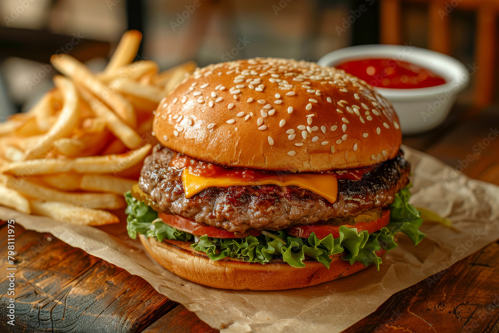 Gourmet Cheeseburger with Fries and Dipping Sauce on Wooden Table Gourmet Cheeseburger with Fries and Dipping Sauce on Wooden Table