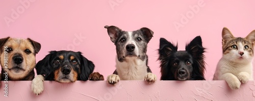 The picture of front view and close up of the multiple group of the various cat and dog in front of the bright pink background that look back to the camera with the curious and interest face. AIGX03. © Summit Art Creations